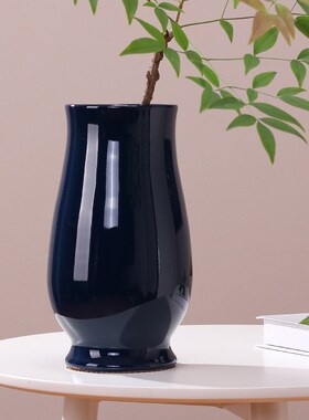 永悦手工拉胚高温窑变中古陶瓷纯蓝色花瓶样板间装饰摆件插花器皿