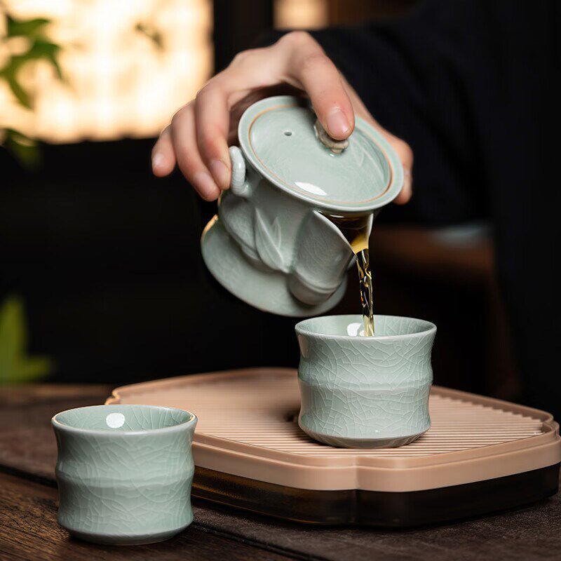 廷怀窑便携式旅行汝窑汝瓷茶具套装茶壶高端手抓壶一壶二杯快客杯