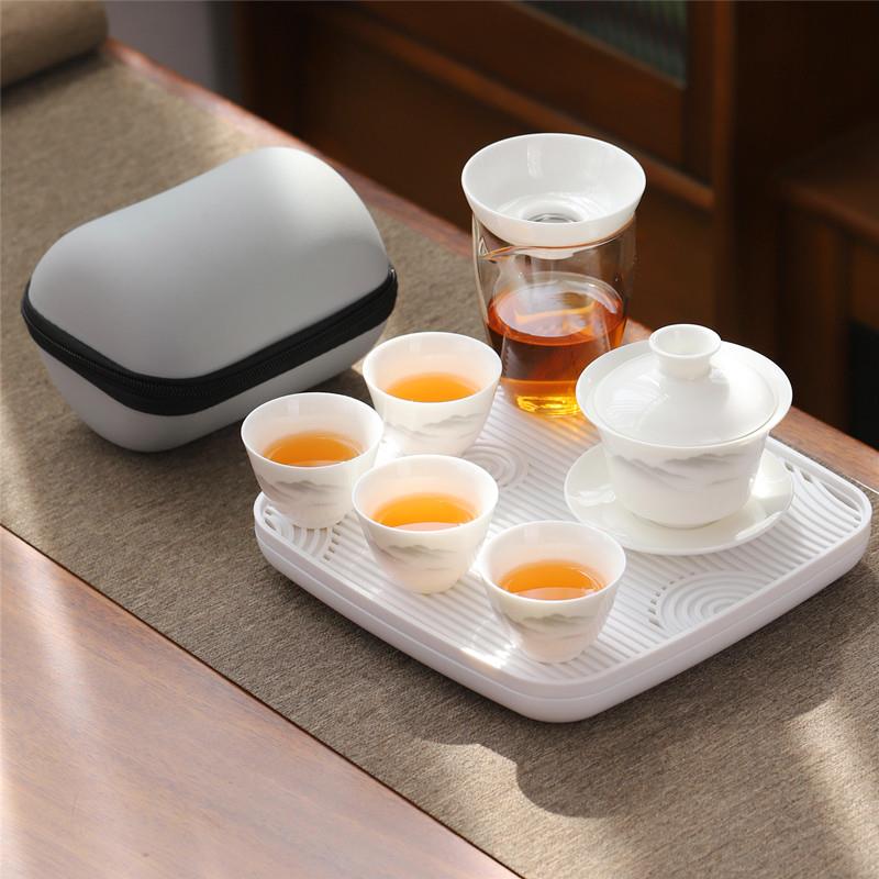 景德镇汝窑羊脂玉白瓷旅行功夫茶具小套装家用可携式盖碗茶杯一人