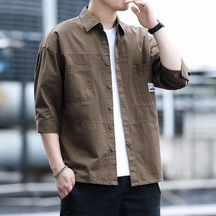 七分袖男衬衫t恤男士高档纯棉短袖衬衣夏季宽松中袖男款夏装外套