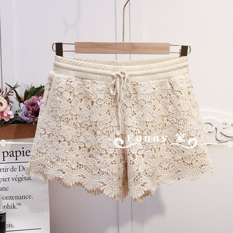 夏季镂空蕾丝侧口袋打底短裤女外穿保险裤三分裤沙滩度假休闲裤子