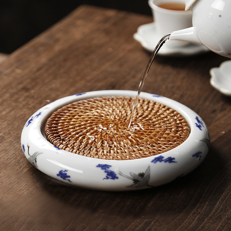 陶瓷藤编壶承紫砂养壶垫干泡台小茶盘壶托呈功夫茶具茶道配件底座