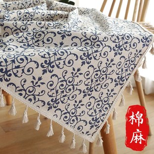 餐桌布棉麻加厚小碎花文艺复古茶几台布野餐露营青花瓷流苏高级感