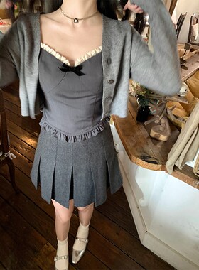 VASSE美蟹灰色高腰羊毛百褶a字半身裙子女温柔少女小个子短裙中裙