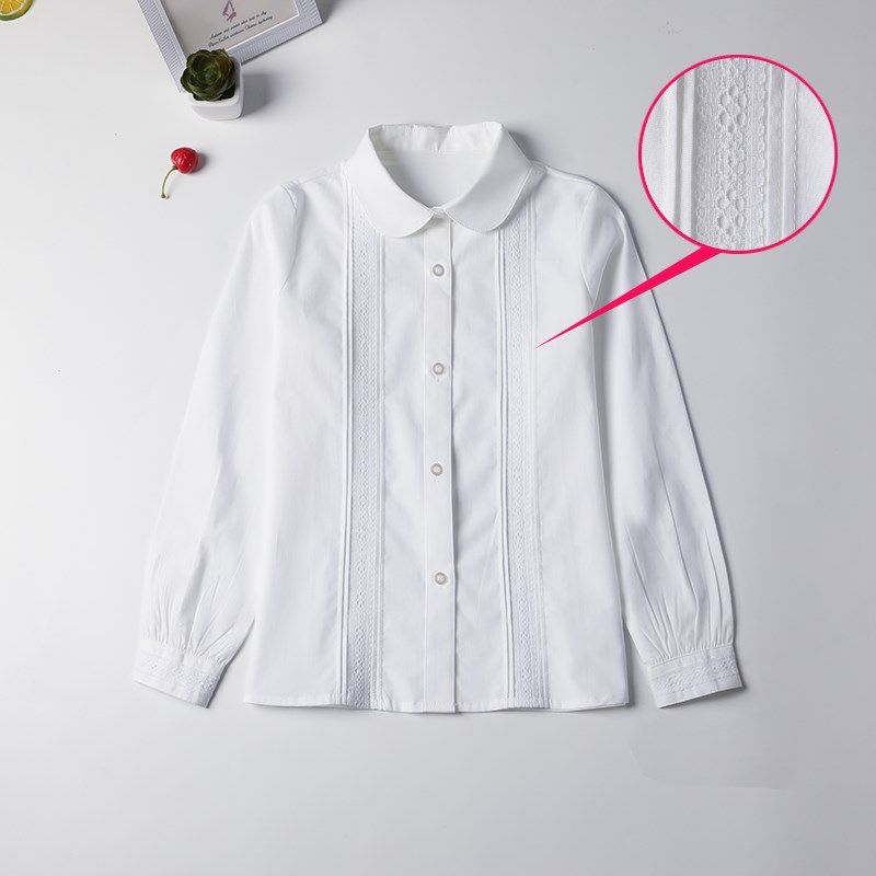 中小学生白色校服衬衣英伦风儿童女孩浅蓝弹力格子纯棉女童白衬衫