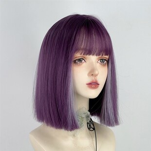 一刀切锁骨发假发紫色全头套女中长短直发彩色lolita整顶主播发型