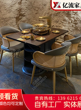 韩式烤肉桌子自助无烟泥炉炭火下排烟烧烤店桌椅实木火锅桌