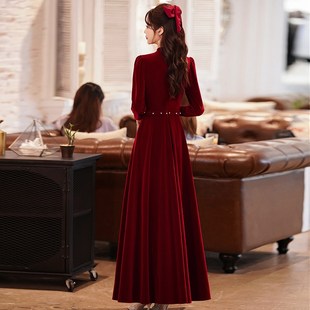 复古风敬酒服新娘旗袍红色订婚礼服连衣裙回门宴结婚长袖冬季年会