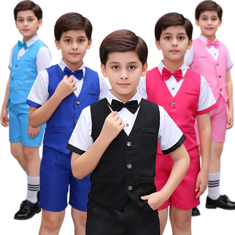 秋冬花童礼服男童小西装马甲套装儿童背带裤演出服大合唱表演服装