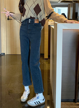 蓝灰色加绒牛仔裤女秋冬高腰直筒九分大码胯大腿粗微胖显瘦烟管裤