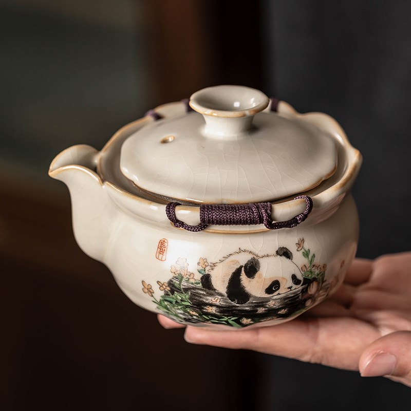 汝窑熊猫三才盖碗单个高档泡茶壶手抓壶茶具茶碗带盖一人用泡茶杯