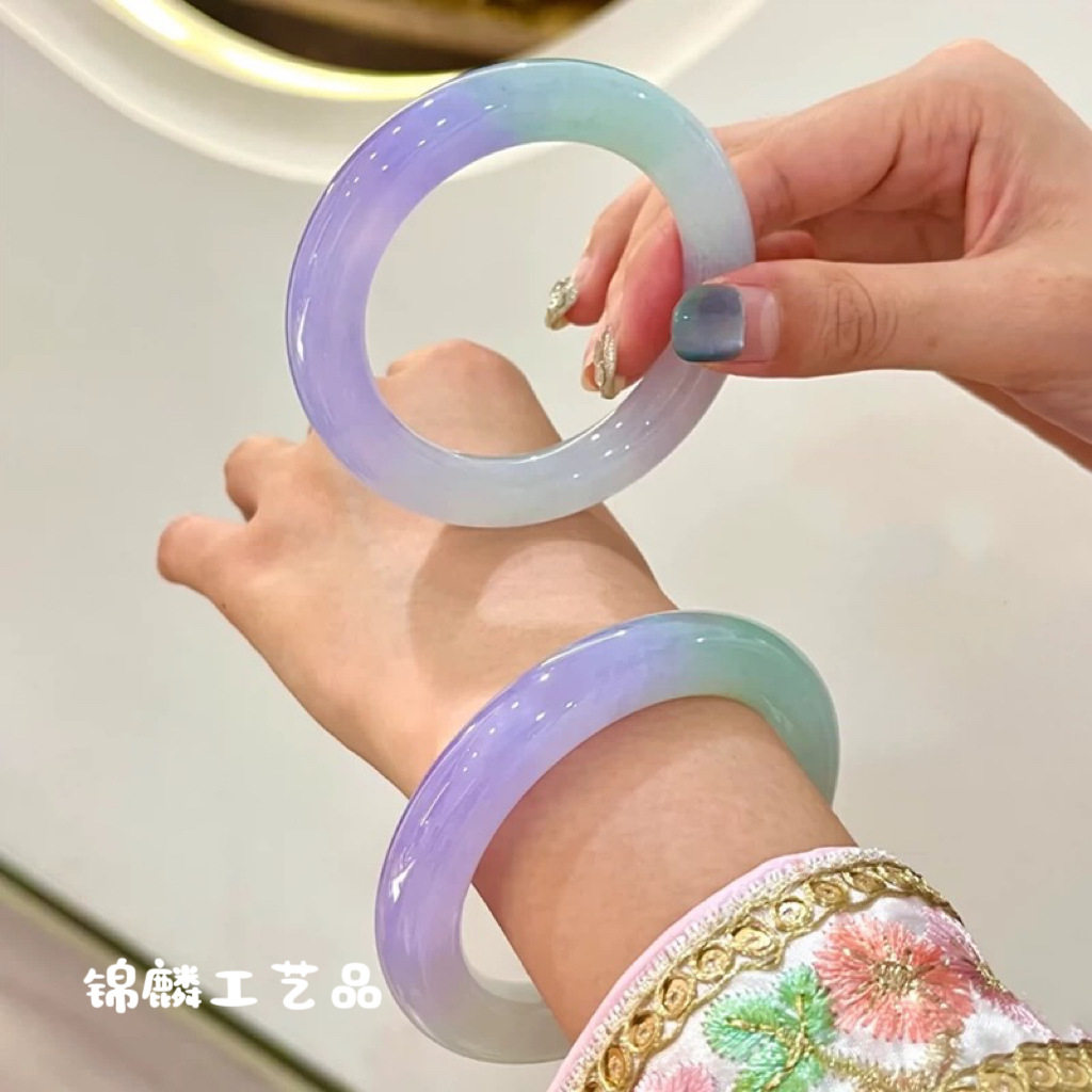 缅甸冰种春彩处理翡翠手镯紫罗兰阳绿飘花圆条玉手镯子女送礼