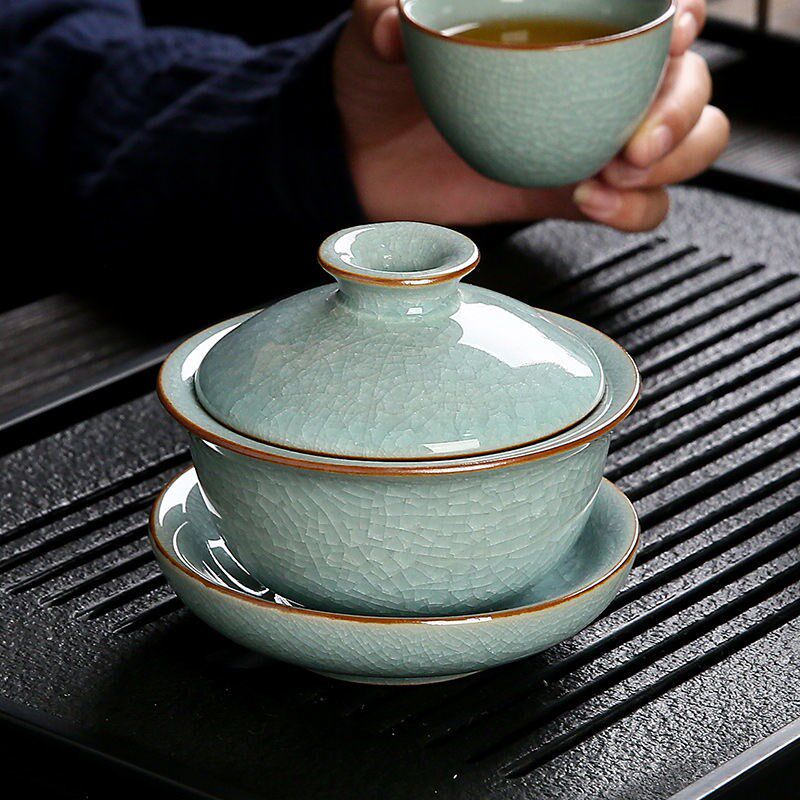 冰花釉弥言建水紫陶三才盖碗茶杯三件套单个开片家用高档功夫茶具