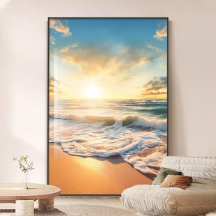 东墙客厅挂画海上日出沙发背景墙大幅落地画海边风景浪花写实壁画