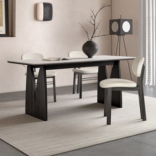 实木餐桌长方形白蜡木客厅饭桌2024新款 复古哑光纯白岩板餐桌 法式