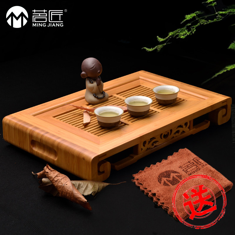 茗匠功夫茶具竹制茶盘实木盛水储水抽屉式茶海茶座中号小号茶托盘