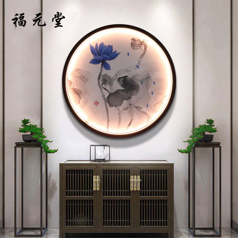 定制灯带圆形画框带灯实木卧室挂画木质灯光背景墙玄关现代装饰画