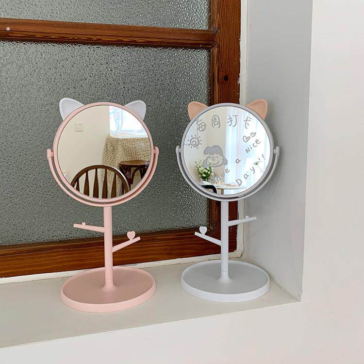 ins猫耳朵台式高清化妆镜子宿舍房间桌面收纳韩风少女公主化妆镜