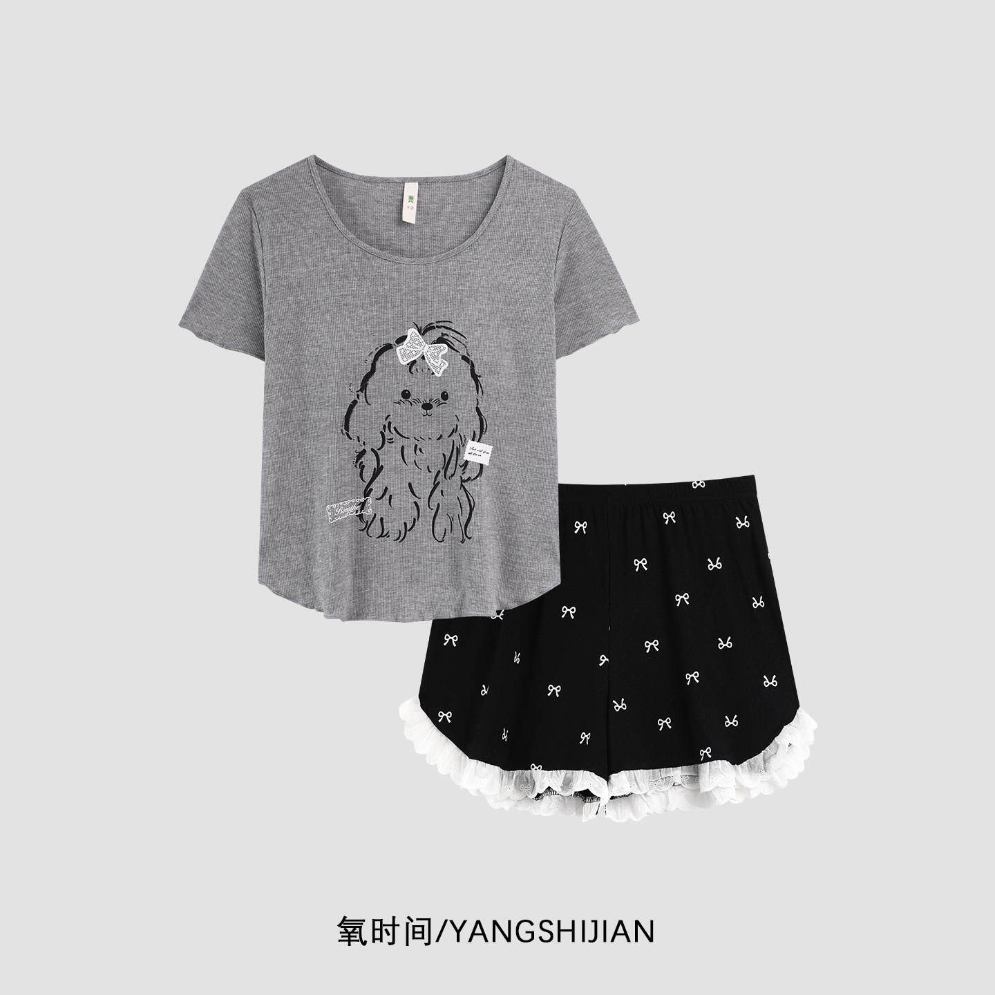 氧时间带胸垫睡衣女夏季莫代尔短袖短裤2025蝴蝶结花边家居服套装