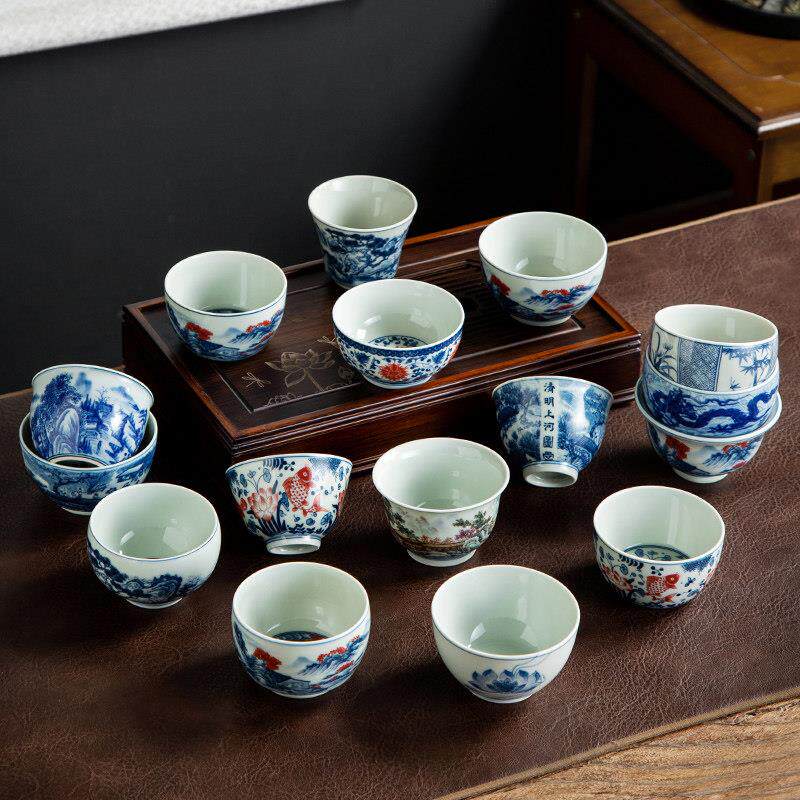 青花瓷礼盒功夫茶杯主人杯单杯男个人缸杯品茗杯彷古压手杯大容量