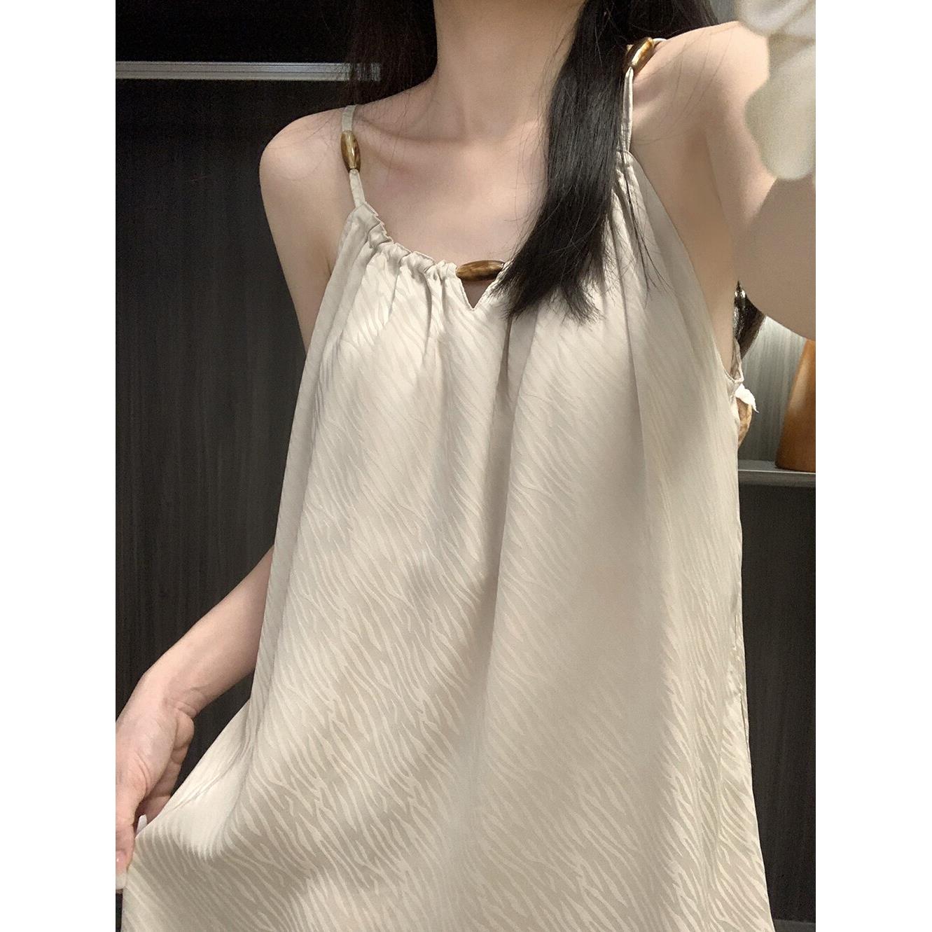夏款覆古条纹国风吊带裙冰丝睡衣女款夏季带胸垫睡裙2025新款外穿