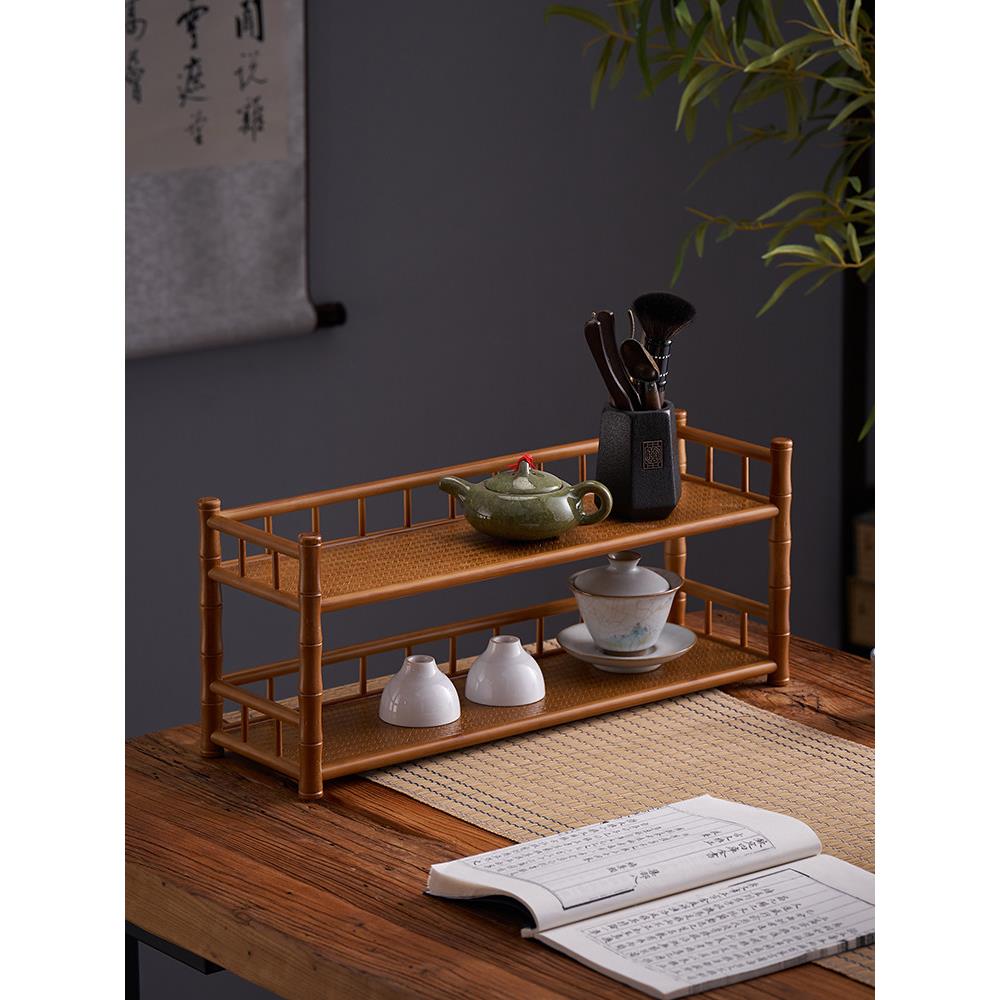 中式桌面博古架茶壶架子置物架茶桌编织茶杯收纳架茶具紫砂壶摆件