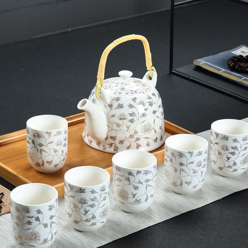 送竹托 茶具套装 家用陶瓷饭店用功夫提梁壶茶壶茶杯整套公司礼品
