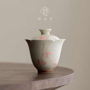 妙山堂 手绘玉兰花三才盖碗女士陶瓷功夫茶具小容量不烫手泡茶碗