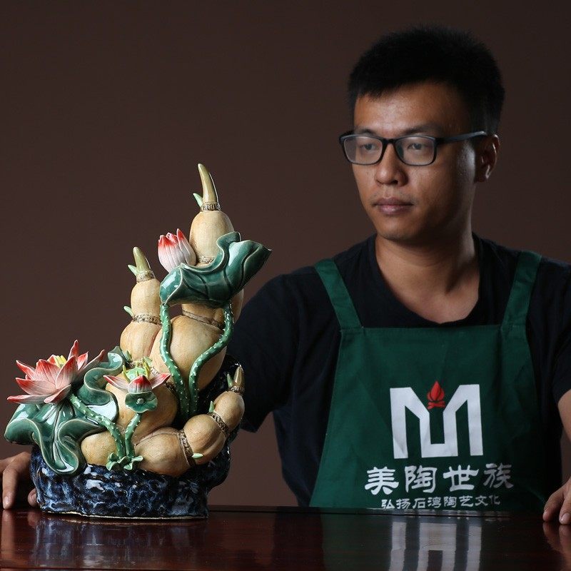 石湾陶瓷莲藕摆件客厅玄关酒柜办公室工艺品装饰开业乔迁新居礼品,家居饰品,装饰摆件,淘宝优惠券,粉丝福利购,淘宝优惠卷