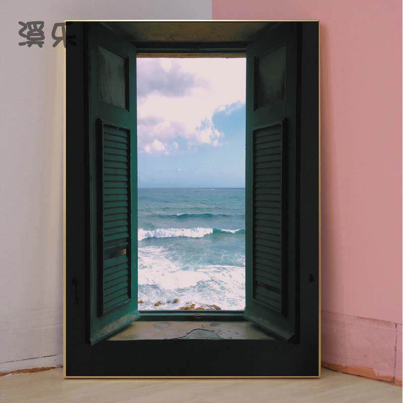 窗 北欧现代风景客厅玄关装饰画海景挂画小众轻奢艺术画壁画落地