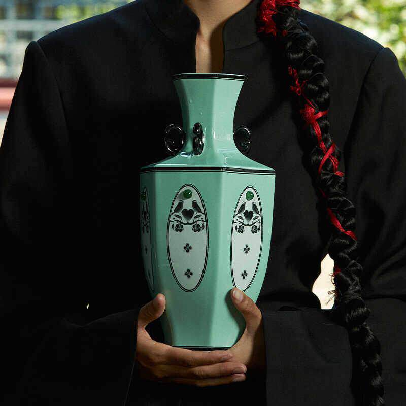 观园吉东方青瓷原创新中式六角陶瓷花瓶摆件青花瓷中式中秋节礼物