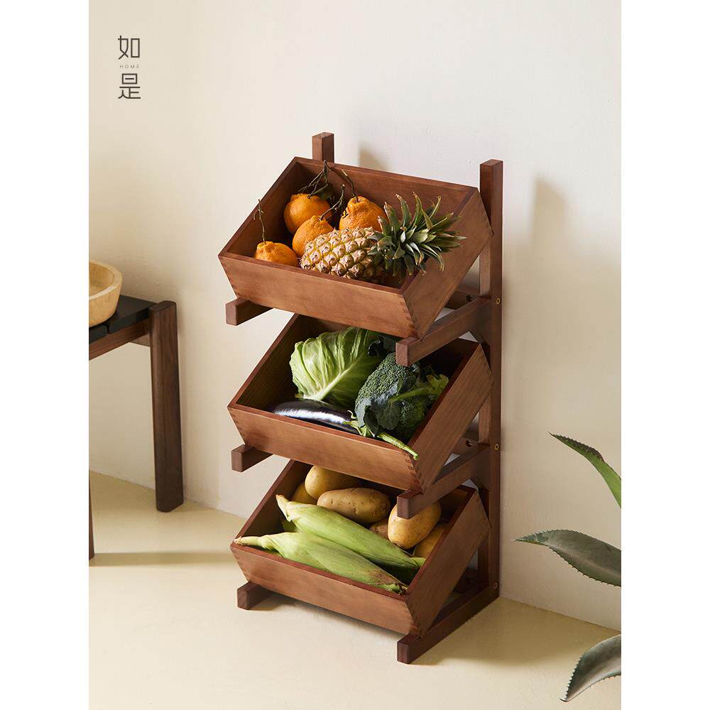 如/中世纪实木储物架多层落地储物架网红客厅厨房果蔬杂项储物架