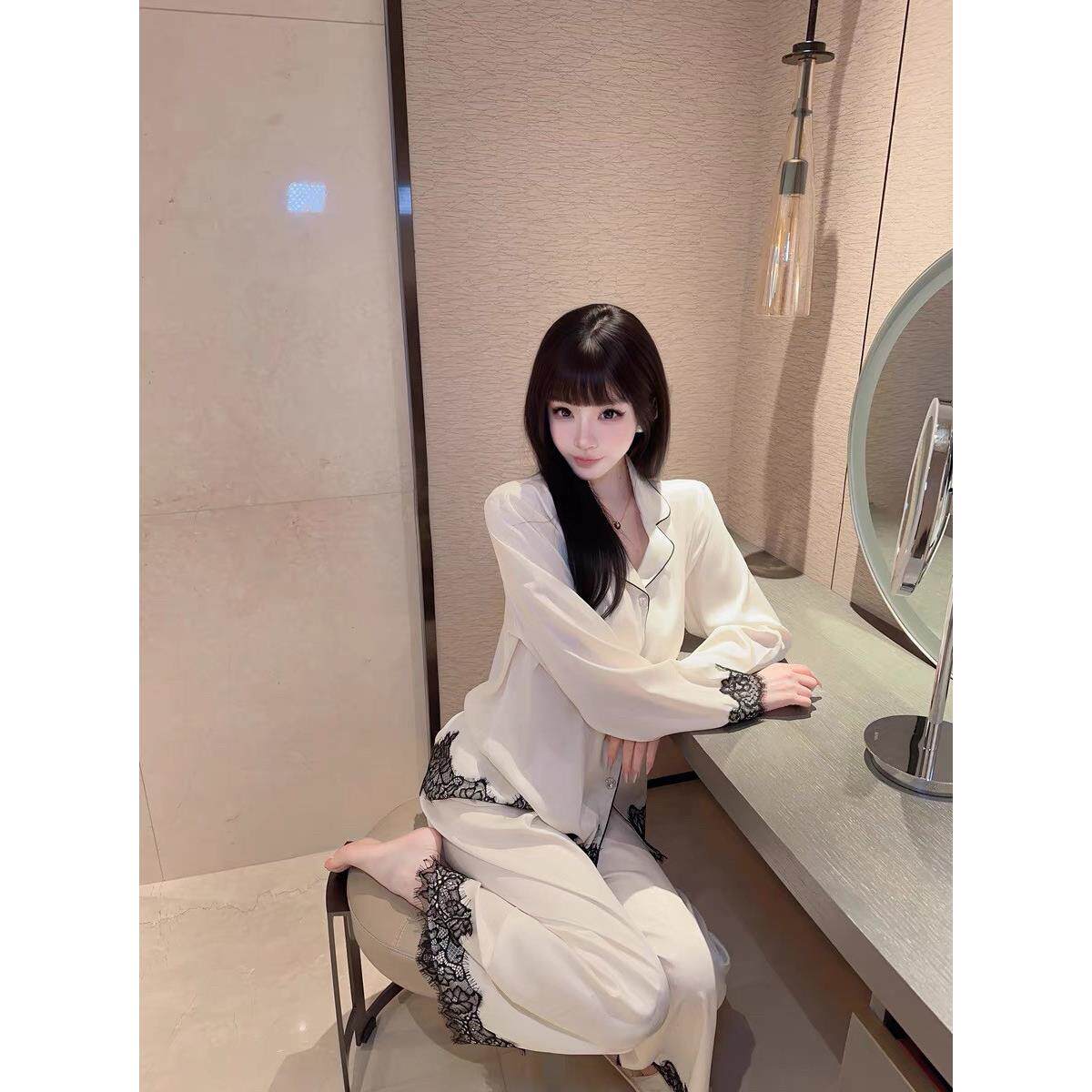 睡衣女士高级感长袖长裤套装冰丝法式风情蕾丝家居服两件套春秋