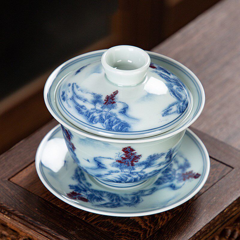陶瓷仿古三才山水温功夫盖碗茶杯茶具套装青花瓷大号釉上泡茶碗