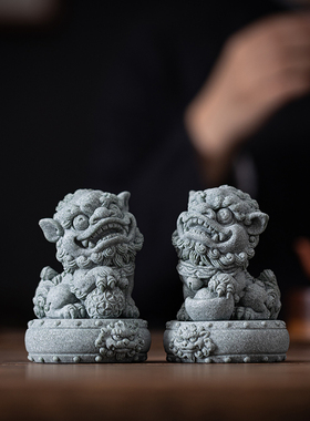 国潮风青砂石鼓上狮摆件创意家居客厅办公室桌面装饰礼品鱼缸造景