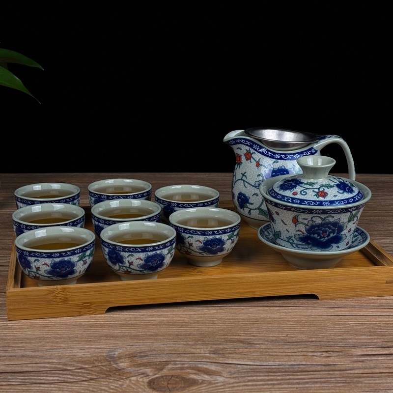青花瓷盖碗组合套装复古怀旧泡茶杯具家用陶瓷茶杯客厅大号泡茶碗