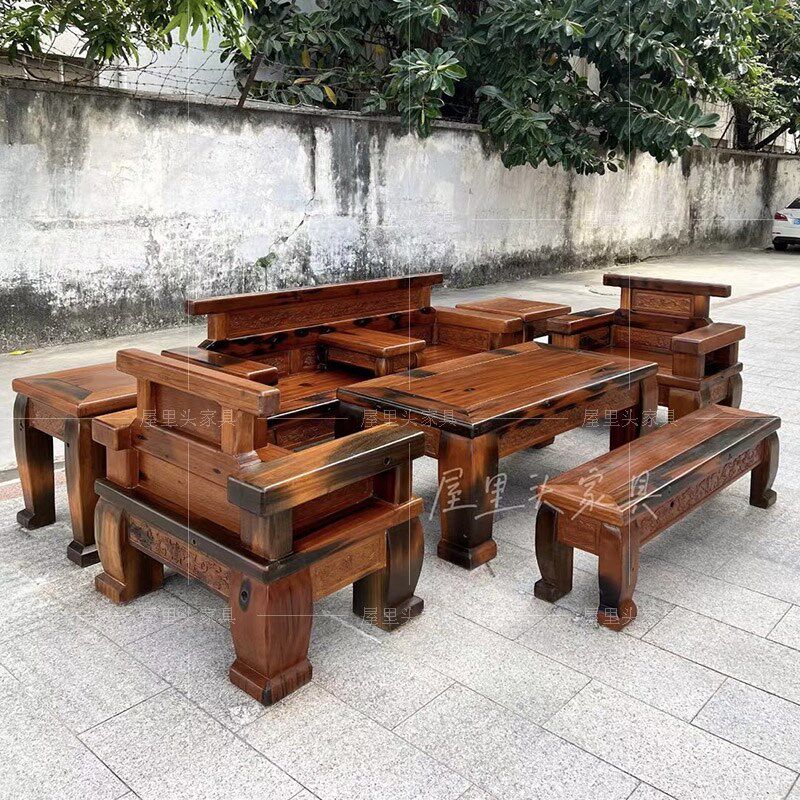 老船木沙发八件套客厅雕花三人实木沙发椅组合仿古办公室别墅沙发