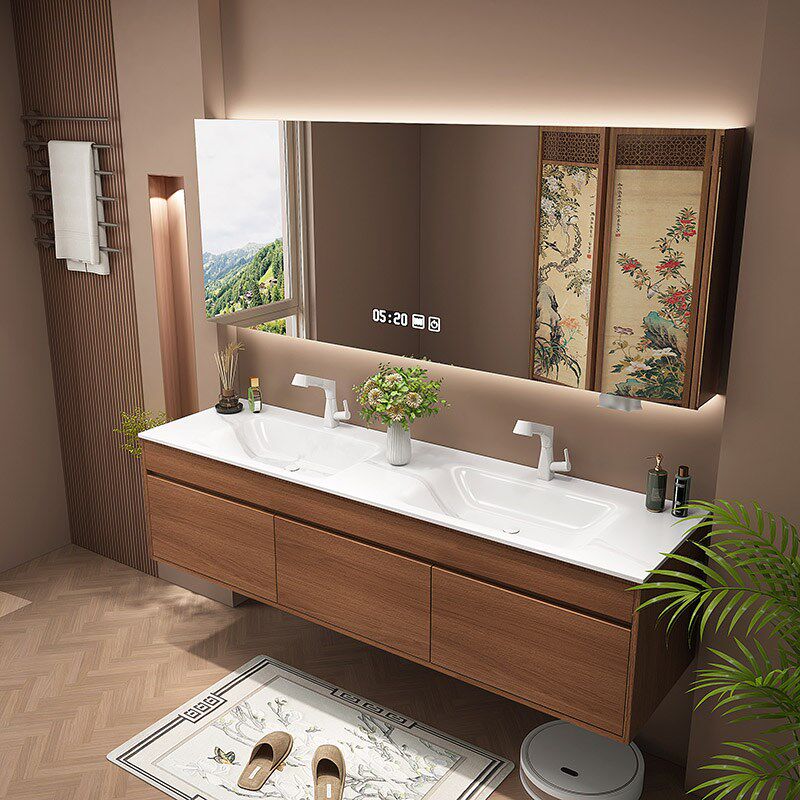 中古风浴室柜洗手盆侘寂风岩板热弯一体实木洗手台双盆洗漱台组合