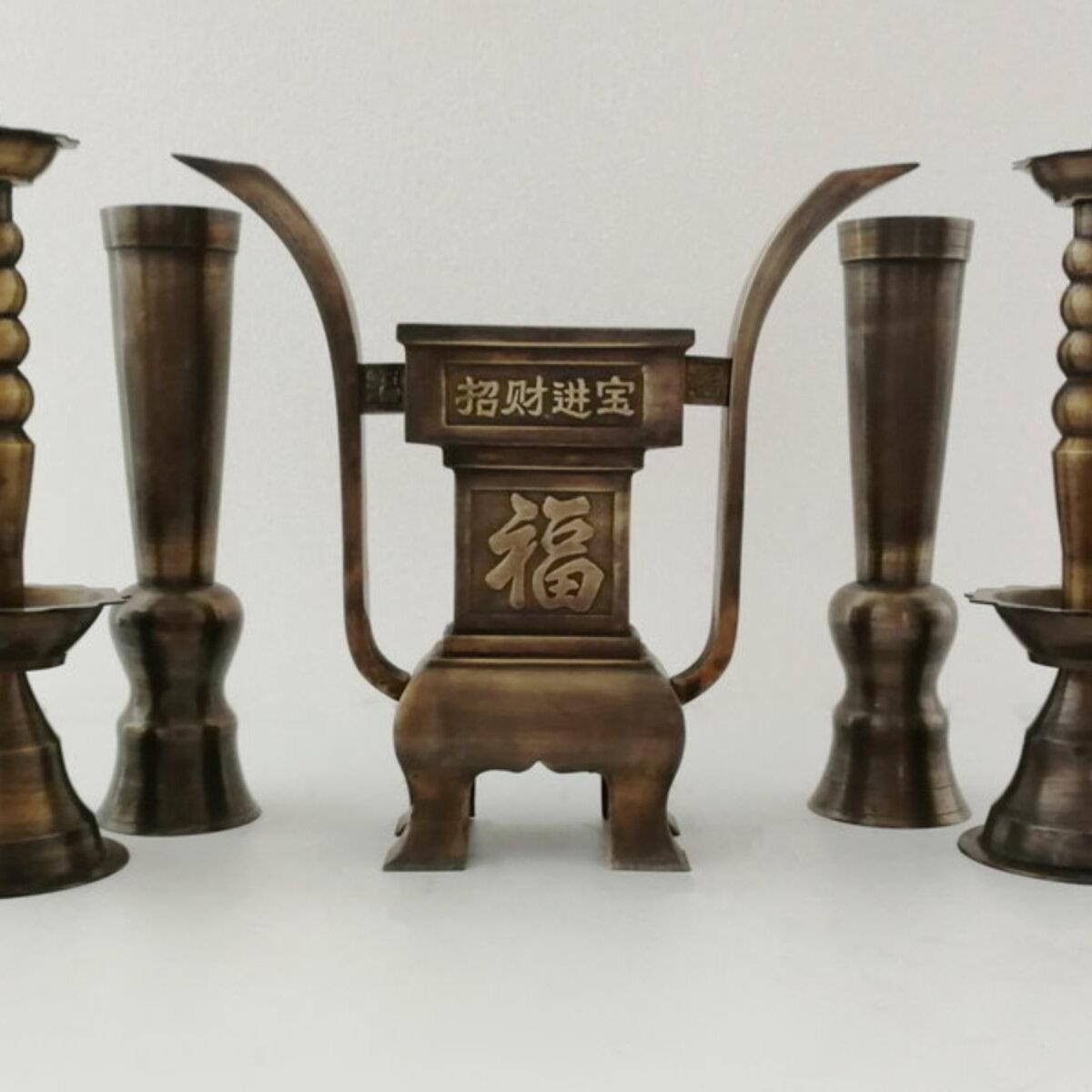 彷古铜五供 纯铜烛台香炉套件 铜香炉 纯铜香桶 香具摆件供奉供器