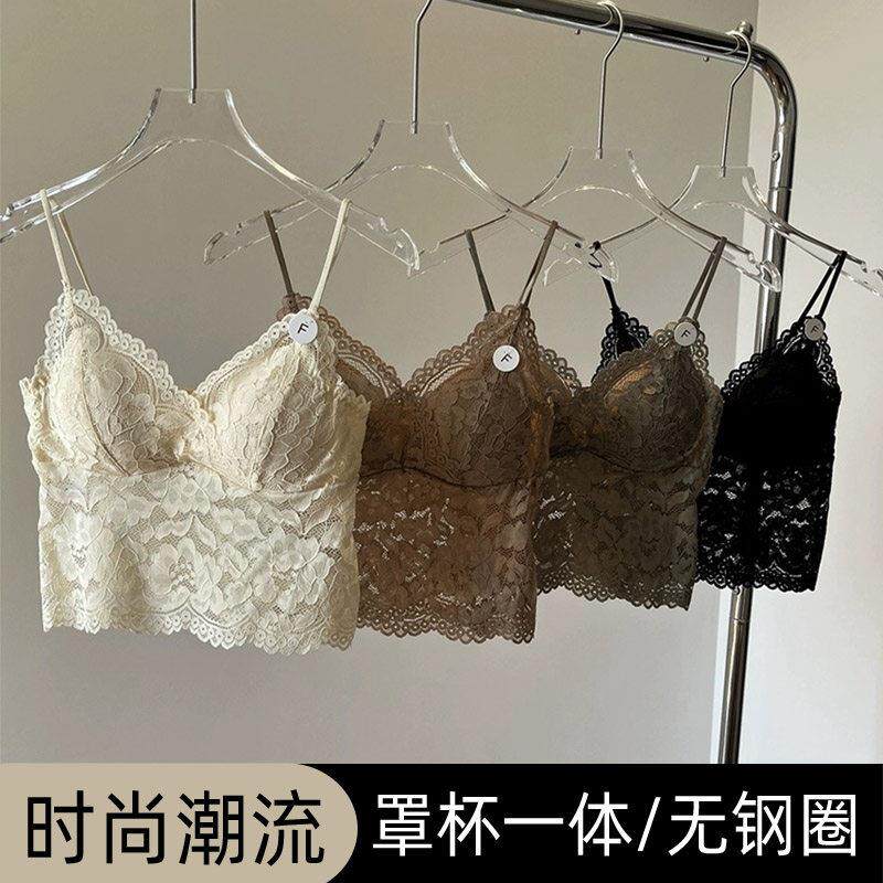 法式蕾丝吊带内衣乳胶固定杯美背裹胸一体打底可外穿短款背心文胸