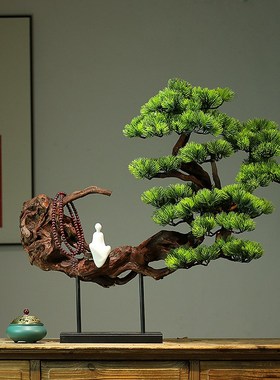 天然实木树根迎客松茶室书房玄关桌摆件中式酒店枯木逢春餐厅装饰