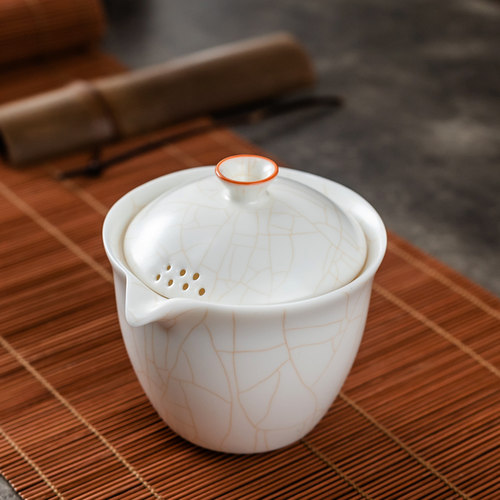 白玉瓷汝窑盖碗茶养开片大号手抓壶陶瓷可养三才盖碗刻字功夫茶具