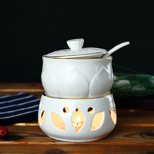 玉蝴蝶 高档描金陶瓷可加热炖盅酒店燕窝盅甜品鱼翅盅酒精加热炉