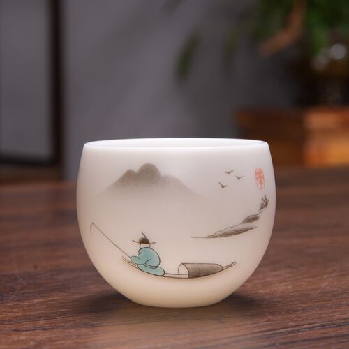 70ml大号主人杯素烧猪油白瓷田园陶瓷品茗杯功夫茶茶杯大号家用