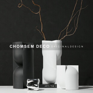 现代艺术昼夕黑白树脂花器摆件软装饰品样品房间客厅茶几桌面花瓶