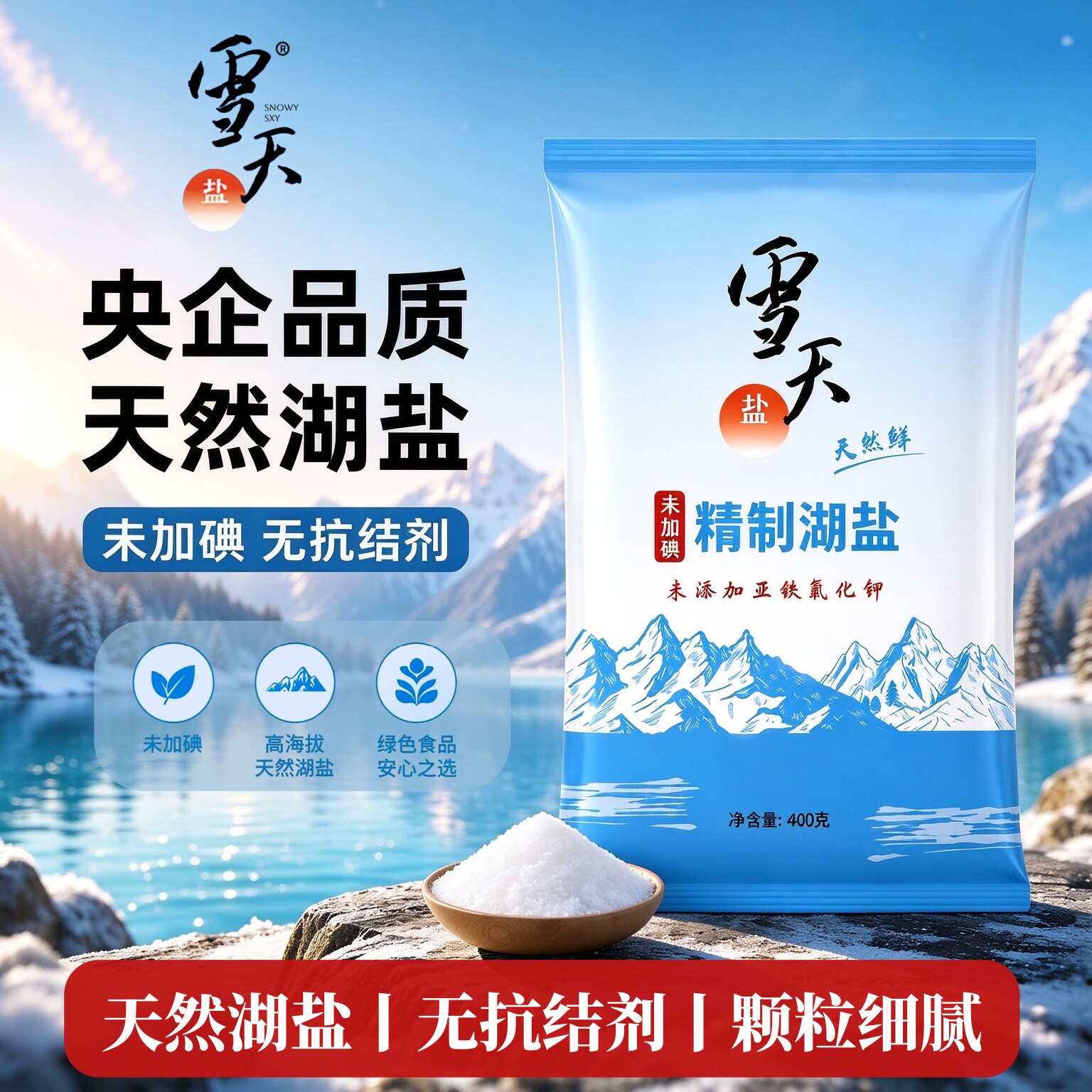 雪天不添加抗结剂天然湖盐无碘食用盐未加碘家用细盐调味400gx5袋