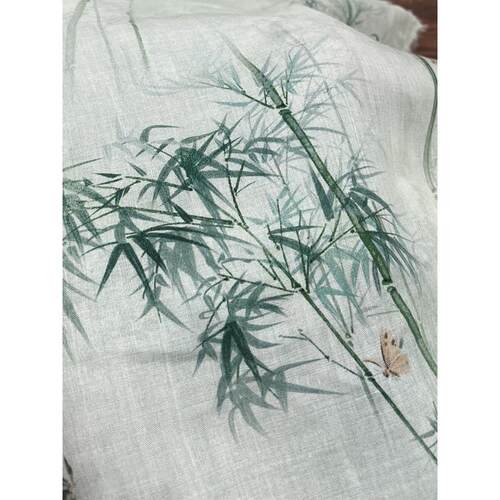 布久以逅中式覆古苎麻印花衬衫面料汉服麻料国风连衣裙布料 峰竹