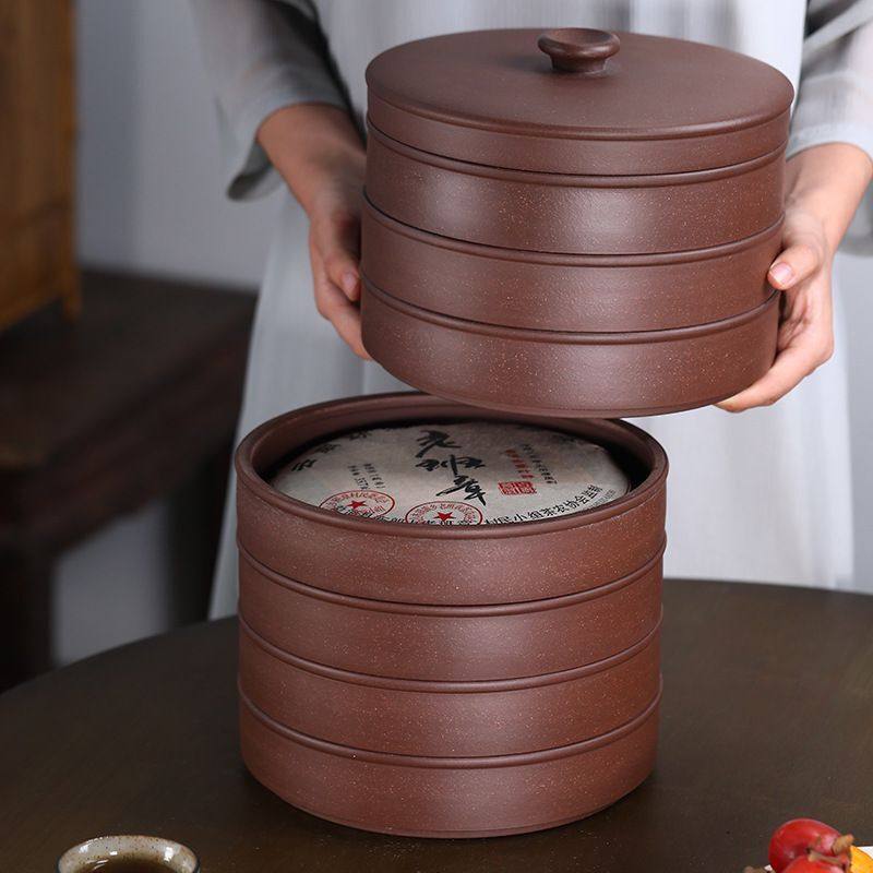 宜兴紫砂普洱茶饼茶叶罐大号普洱357g茶饼一饼装可叠加白茶醒茶罐