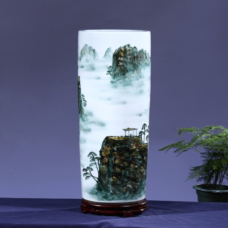 景德镇陶瓷器花瓶手绘山水书画筒装饰台面落地摆件收纳卷轴缸箭筒