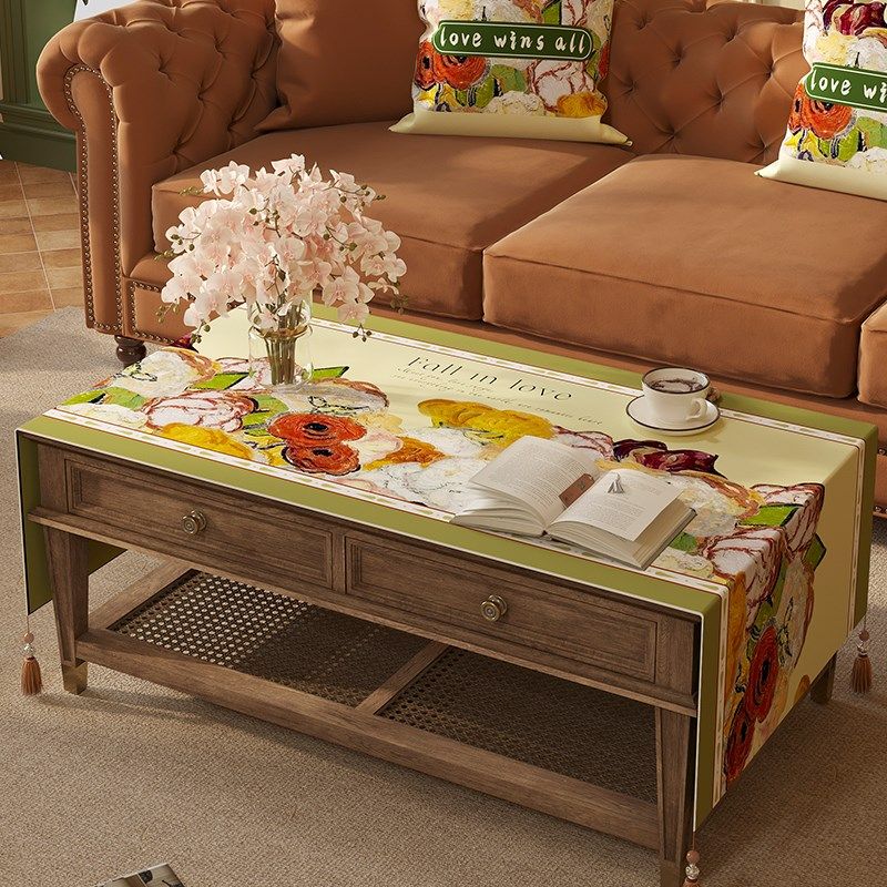 复古油画茶几布轻奢高级感防水雪尼尔桌布高档流苏电视柜盖布盖巾,居家布艺,茶几垫,淘宝优惠券,粉丝福利购,淘宝优惠卷